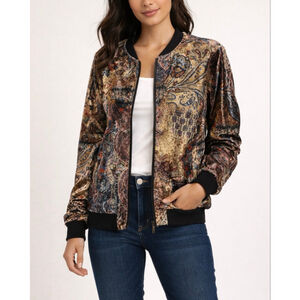 Clotheshead Gold & Blue Paisley Velvet Bomber Jacket M